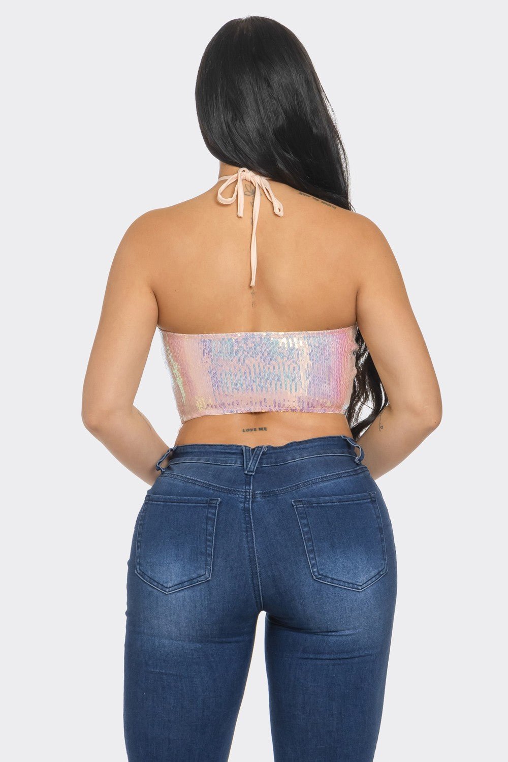 SHAY SEQUIN PINK IRIDESCENT CRISSCROSS STRING HALTER TOP - Blaire Shops