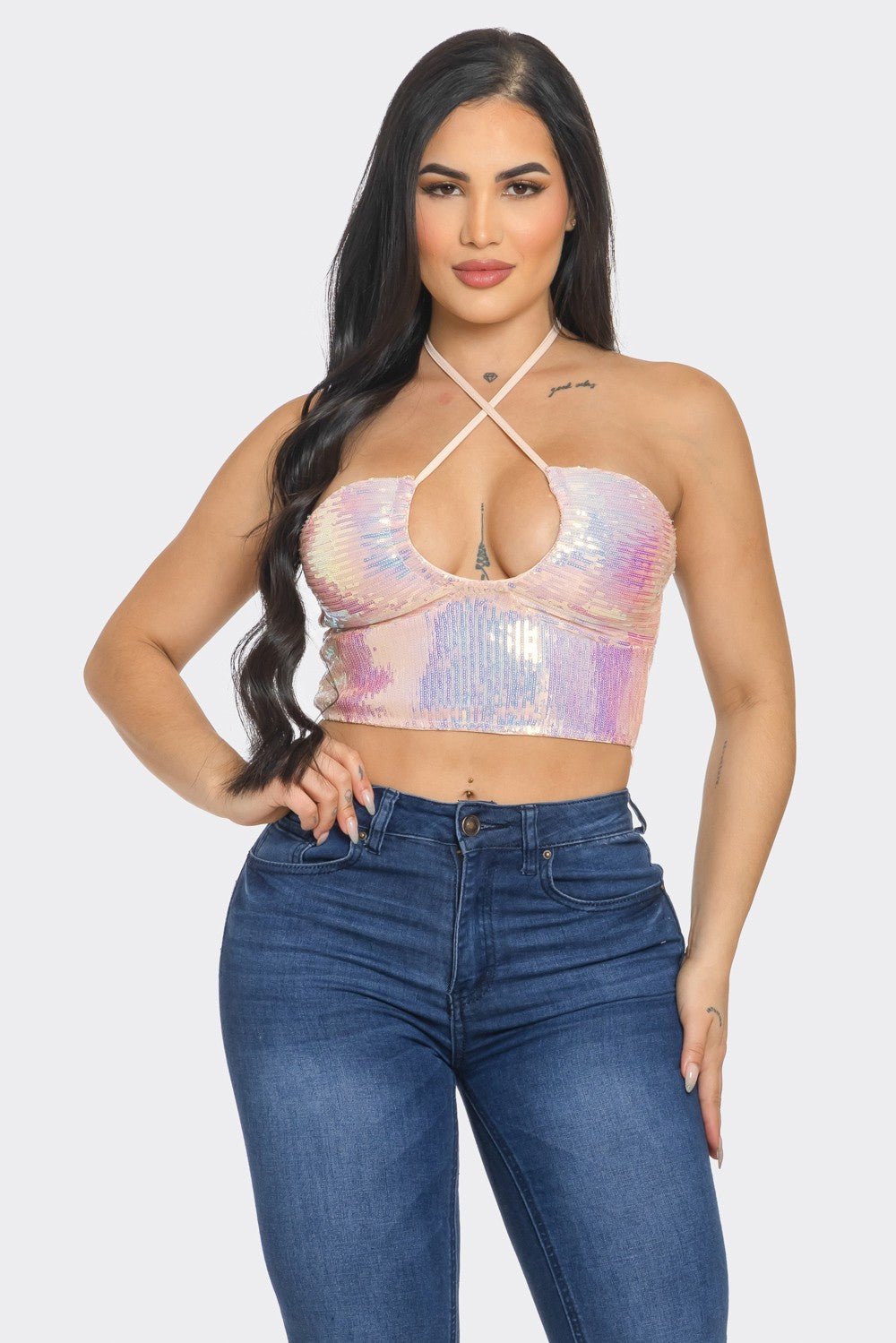 SHAY SEQUIN PINK IRIDESCENT CRISSCROSS STRING HALTER TOP - Blaire Shops