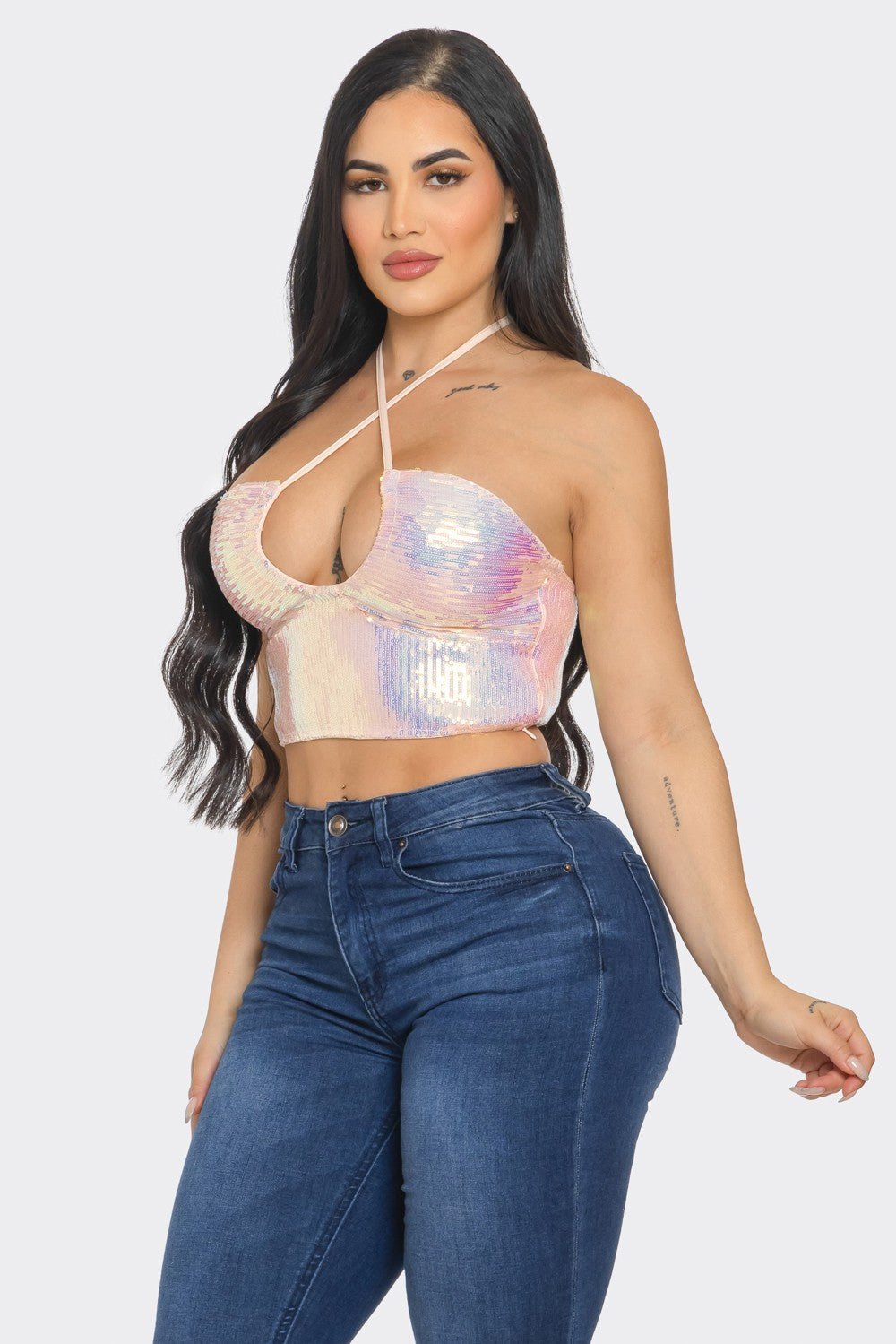 SHAY SEQUIN PINK IRIDESCENT CRISSCROSS STRING HALTER TOP - Blaire Shops