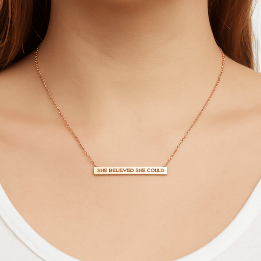 “She Believed She Could” Horizontal Metal Bar Pendant Gold Dipped Necklace - Blaire Shops