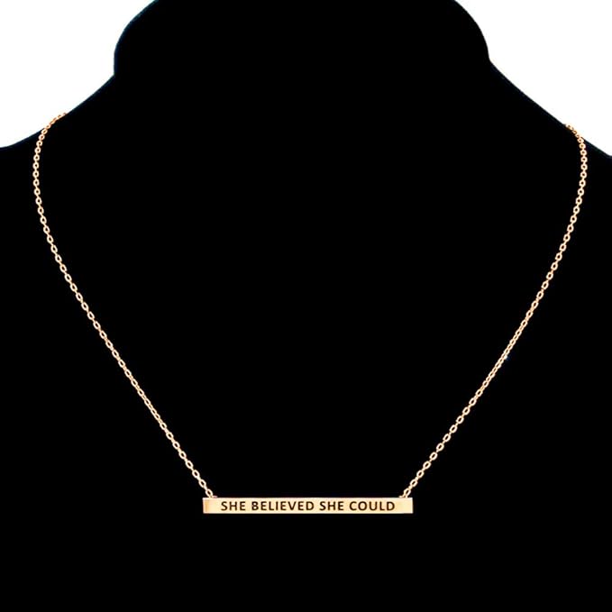 “She Believed She Could” Horizontal Metal Bar Pendant Gold Dipped Necklace - Blaire Shops