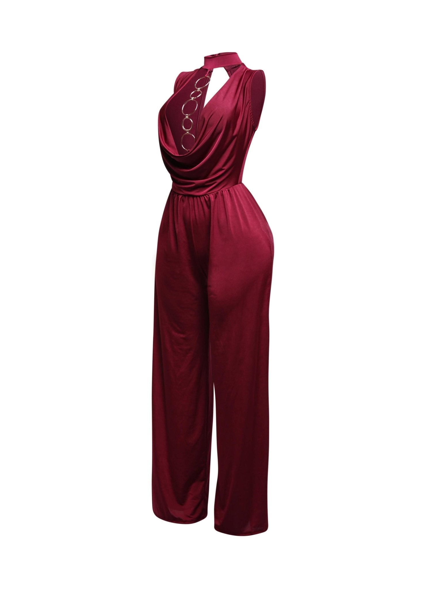 Shes The It Girl Mock Neck Cowl Front Wide Leg Jumpsuit With Gold Hoop Detail - Blaire Shops
