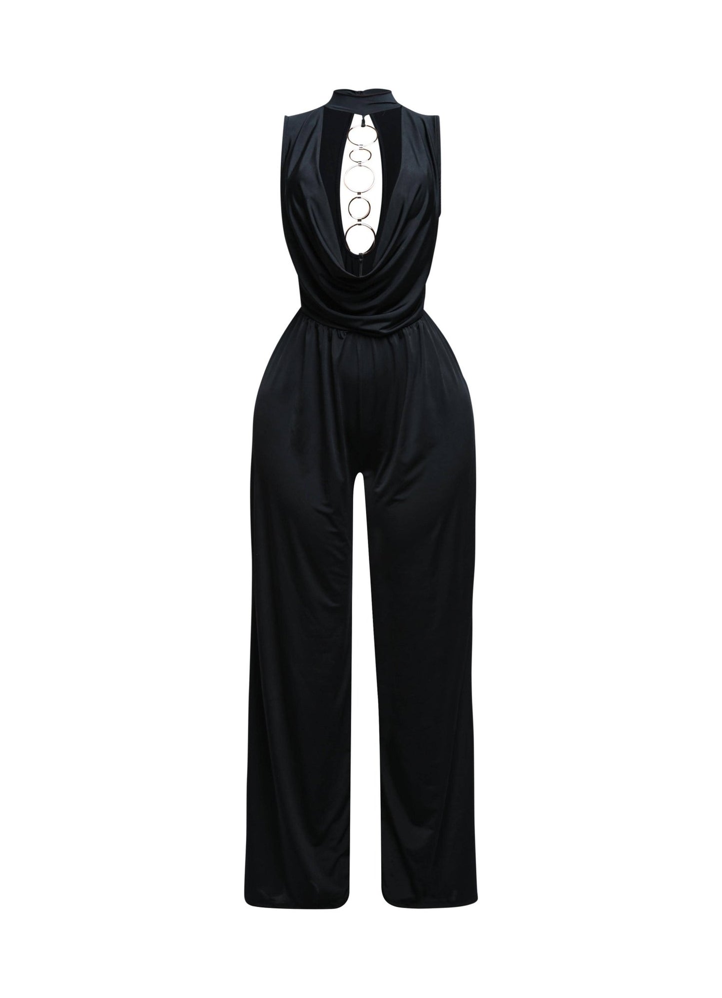 Shes The It Girl Mock Neck Cowl Front Wide Leg Jumpsuit With Gold Hoop Detail - Blaire Shops