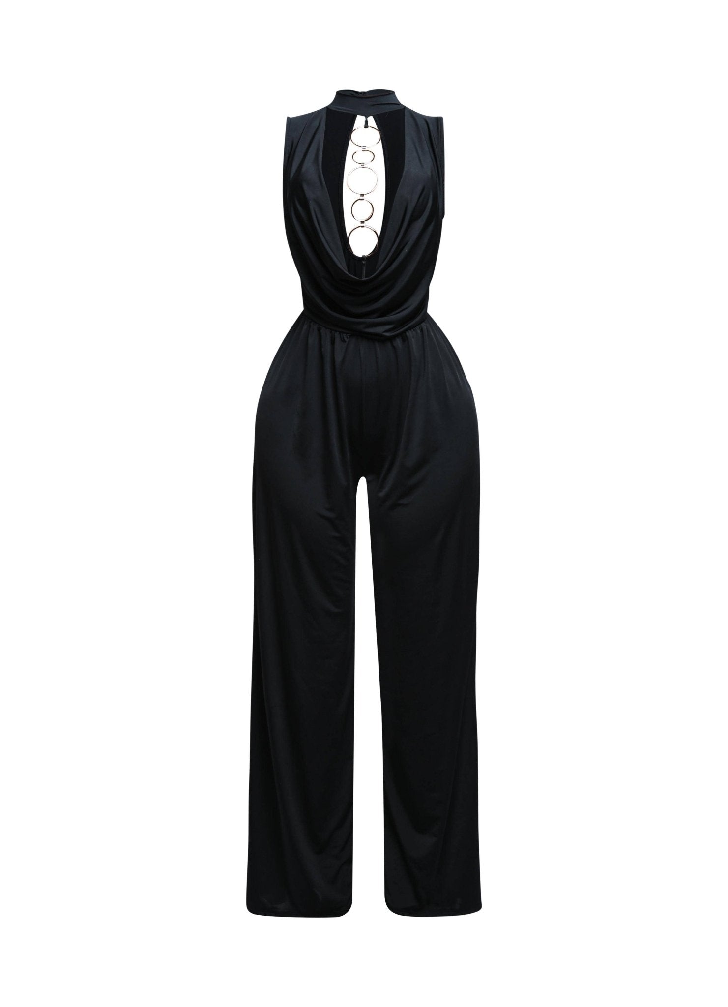 Shes The It Girl Mock Neck Cowl Front Wide Leg Jumpsuit With Gold Hoop Detail - Blaire Shops