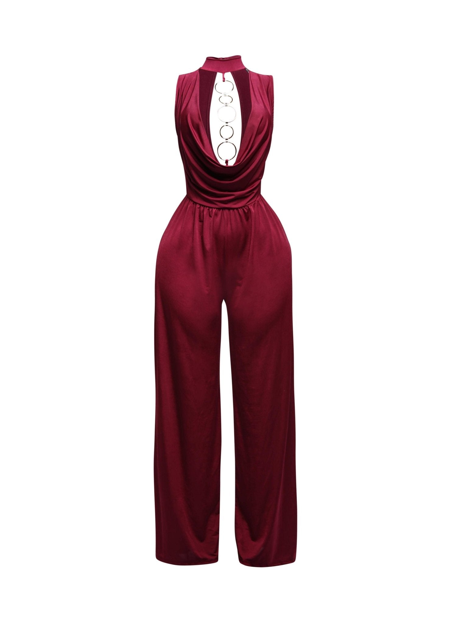 Shes The It Girl Mock Neck Cowl Front Wide Leg Jumpsuit With Gold Hoop Detail - Blaire Shops