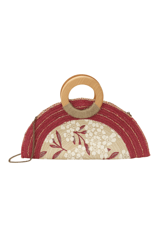 Sienna Bloom Wooden Handle Handwoven Half - Moon Straw Crossbody Bag - Blaire Shops