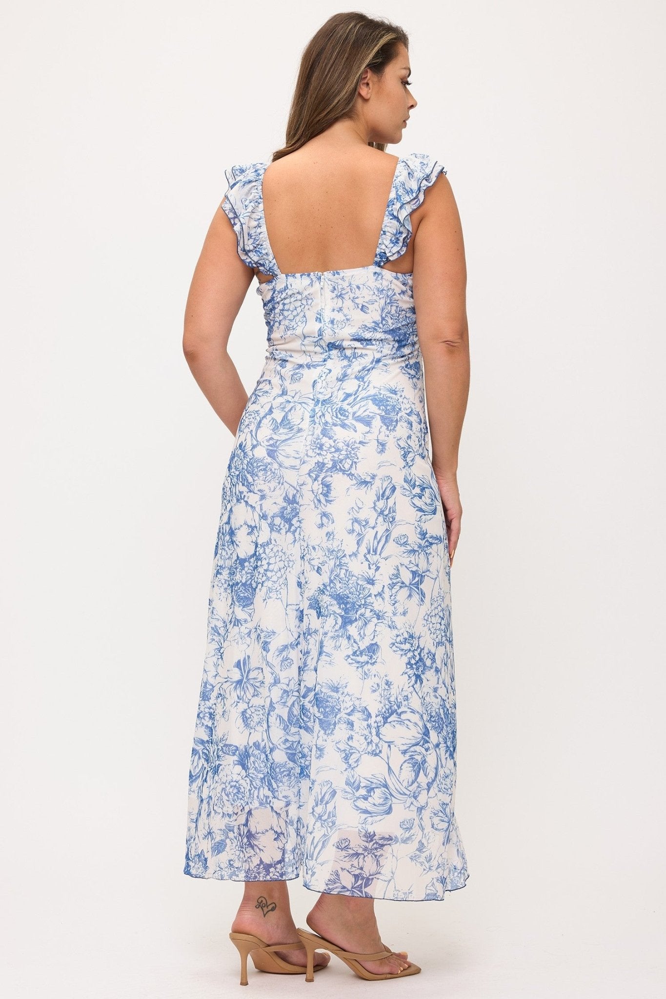 Sky Blossom Floral Mesh Maxi Dress – Plus Size Ruffle Sleeve Dress - Light Blue dress for women Vacation Outfits Birthday Dresses Going Out Looks
