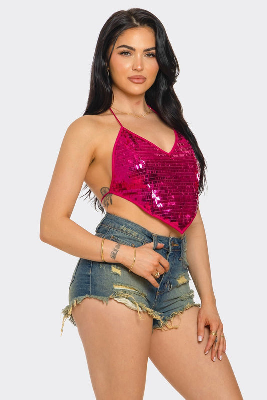 Skylar Sequin Open Back Top - Stylish Halter Neck Design for Stunning Evening Looks - S top for women Vacation Outfits Birthday Dresses Going Out Looks