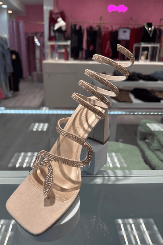 Snake Embellished Rhinestone Coil Up Block Heel Sandals - Blaire Shops