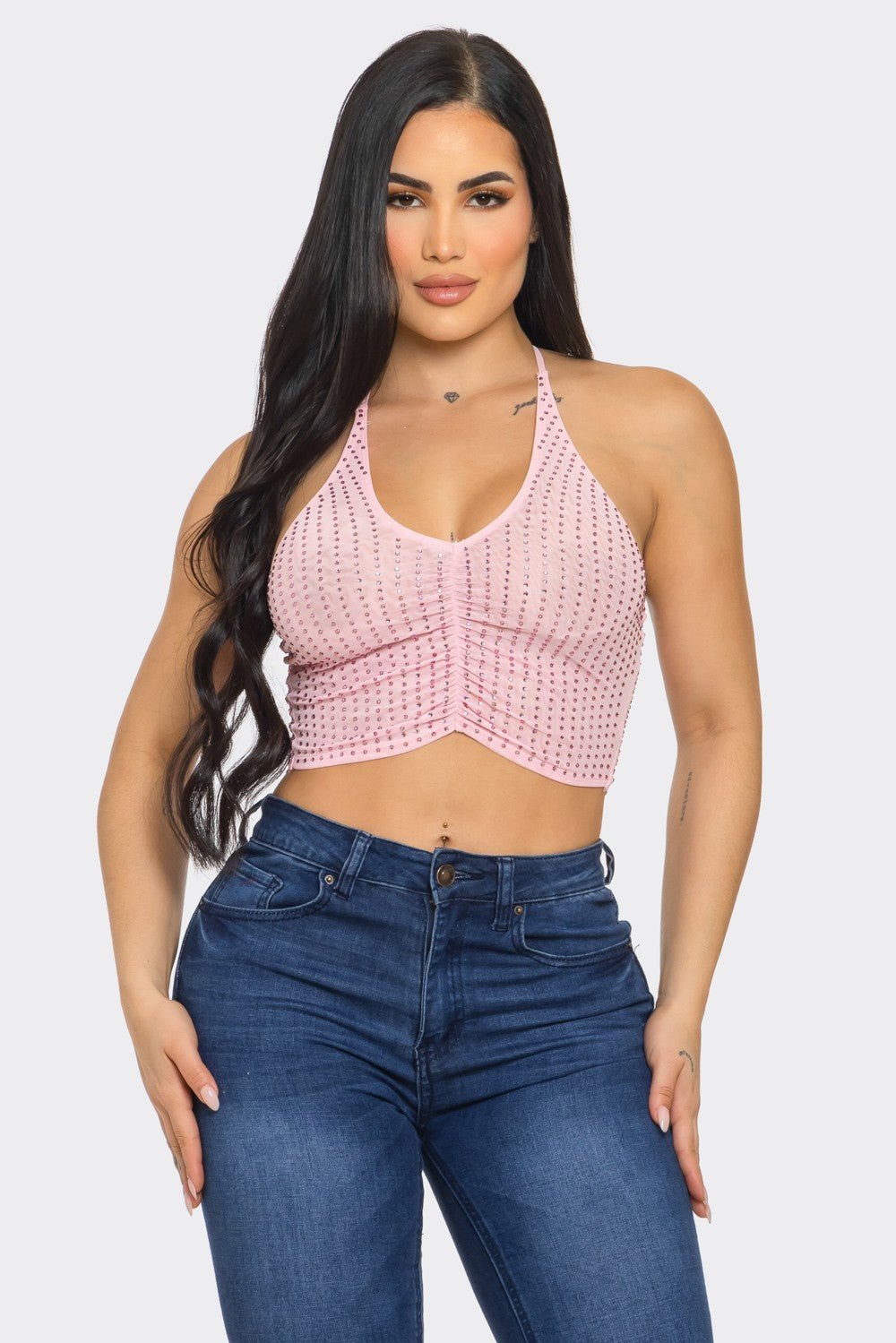 Sophie Stylish Studded Halter Tie Crop Top - Blaire Shops