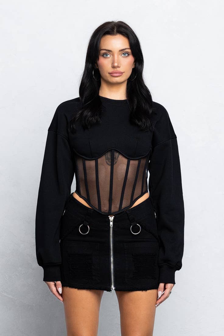 Stacy Mesh Bustier Detail Fleece Sweatshirt – Cozy Meets Chic - Blaire Shops