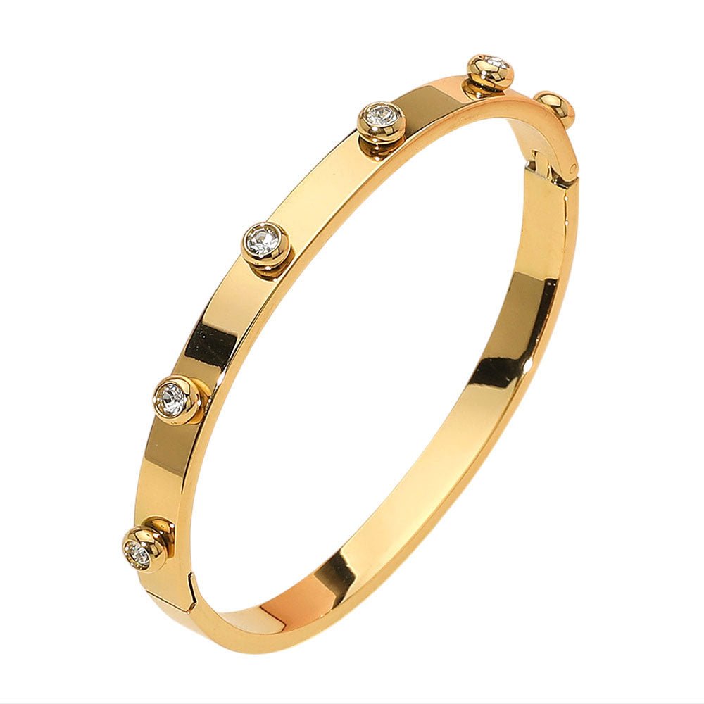 Stainless Steel Gold Stone Bezel Around Hinged Bangle Bracelet - Gold bracelet for women Vacation Outfits Birthday Dresses Going Out Looks