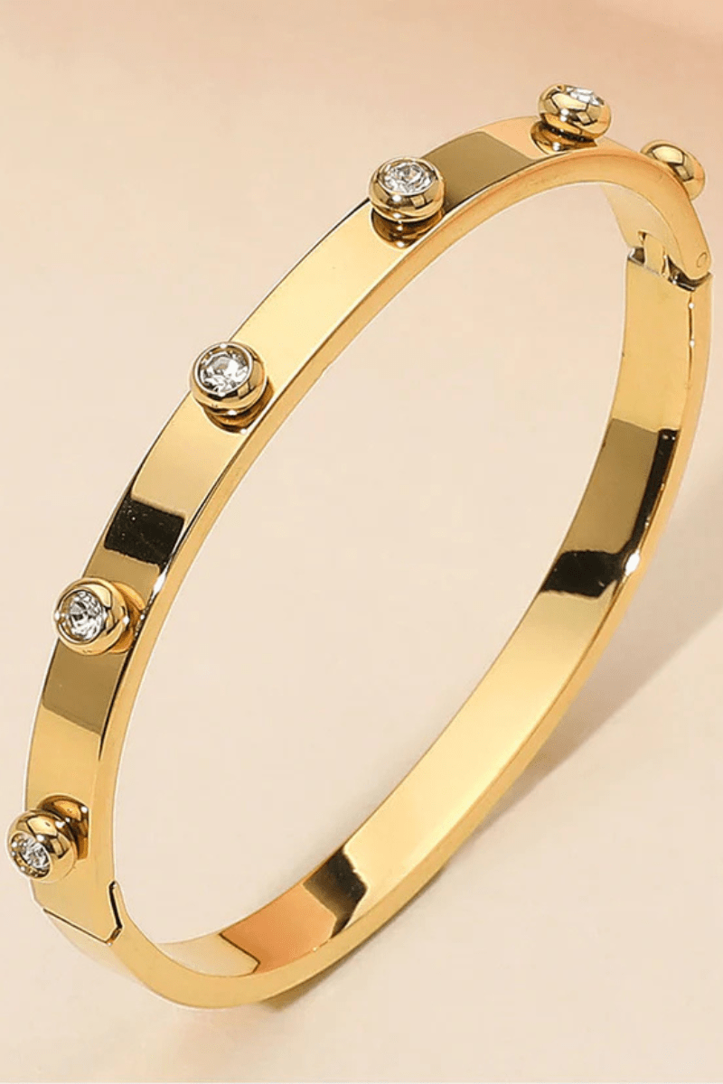Stainless Steel Gold Stone Bezel Around Hinged Bangle Bracelet - Gold bracelet for women Vacation Outfits Birthday Dresses Going Out Looks