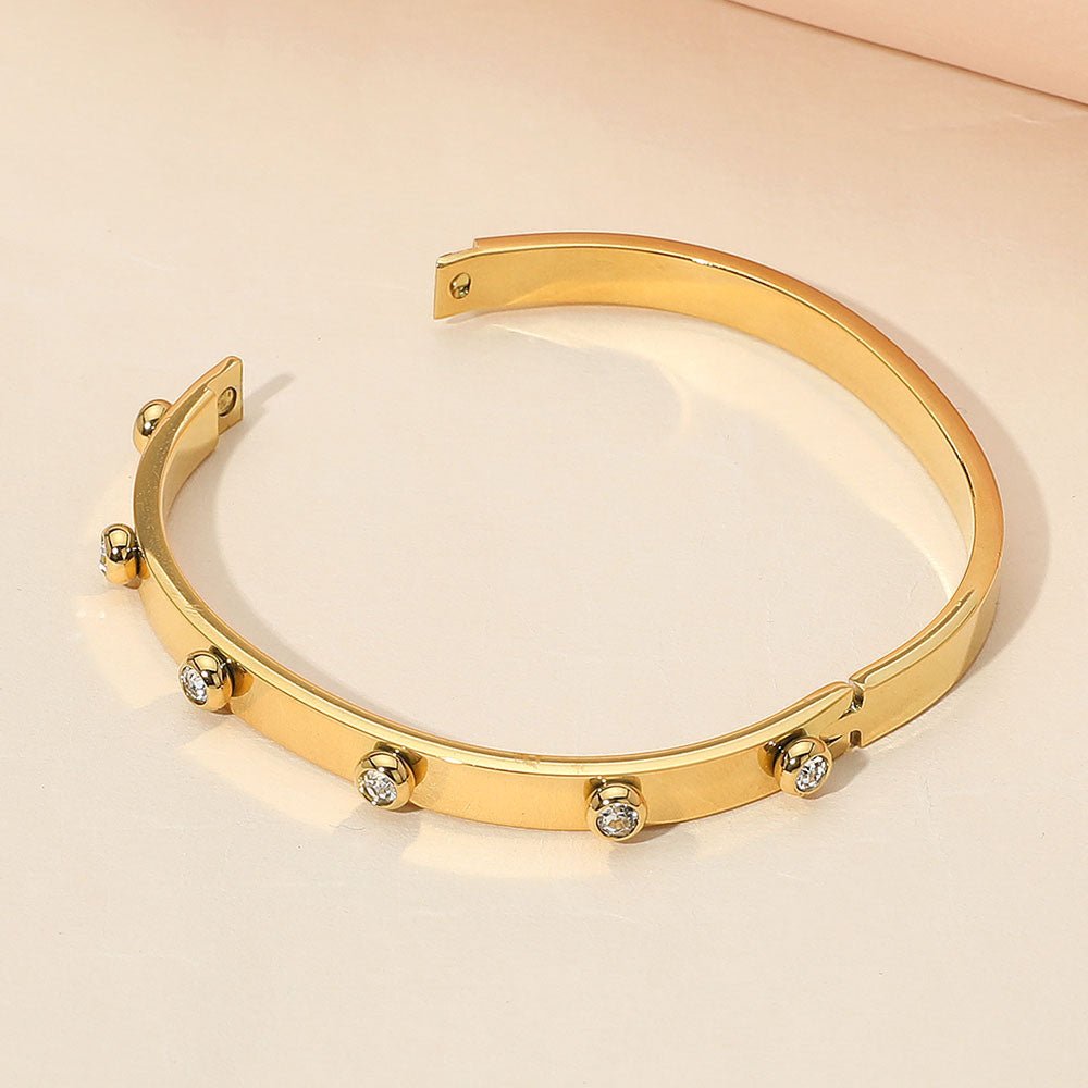 Stainless Steel Gold Stone Bezel Around Hinged Bangle Bracelet - Gold bracelet for women Vacation Outfits Birthday Dresses Going Out Looks