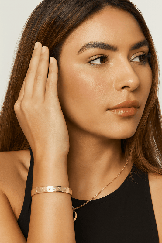 Stainless Steel Roman Numeral Embossed Hinged Bangle Bracelet - Blaire Shops