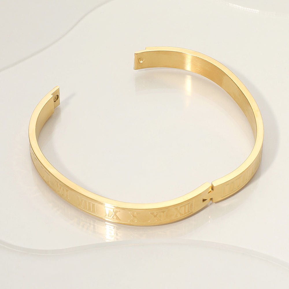 Stainless Steel Roman Numeral Embossed Hinged Bangle Bracelet - Blaire Shops