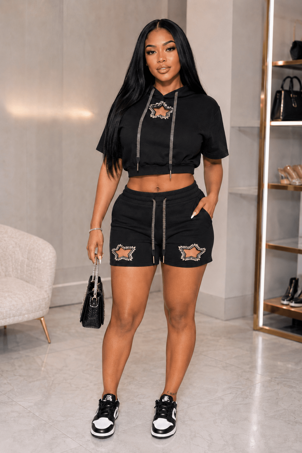 Starlet Bling Star Short Set – Rhinestone Hoodie & Shorts Two - Piece Outfit - Black short set for women Vacation Outfits Birthday Dresses Going Out Looks
