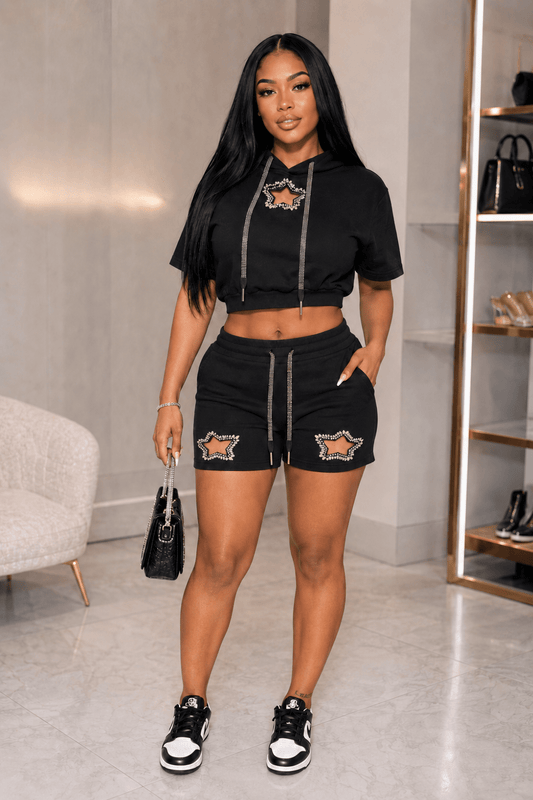 Starlet Bling Star Short Set – Rhinestone Hoodie & Shorts Two - Piece Outfit - Black short set for women Vacation Outfits Birthday Dresses Going Out Looks