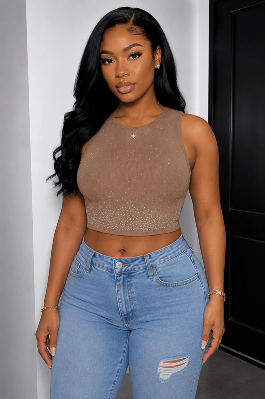 Starlight Rhinestone Stetch Crop Top - mocha Crop Top for women Vacation Outfits Birthday Dresses Going Out Looks