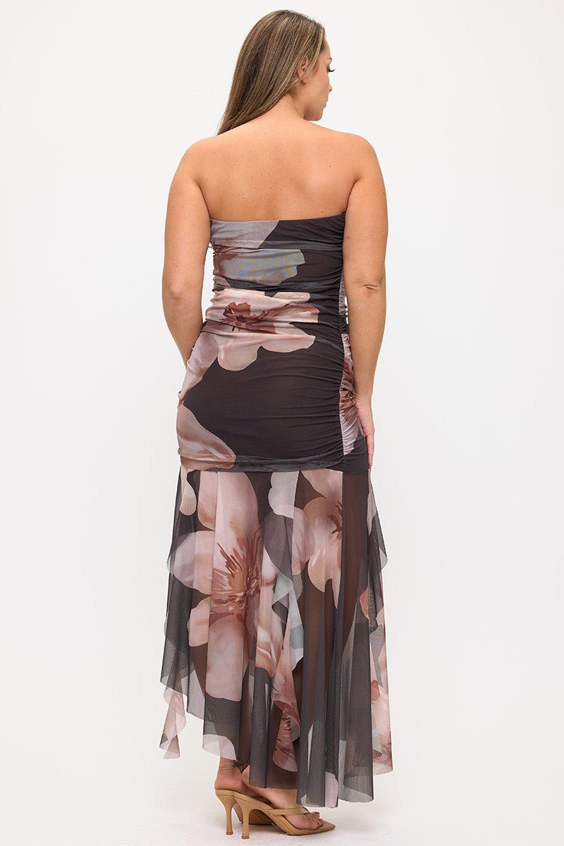 Strapless Ruched Floral Mesh Bodycon Dress – Junior Plus - Blaire Shops