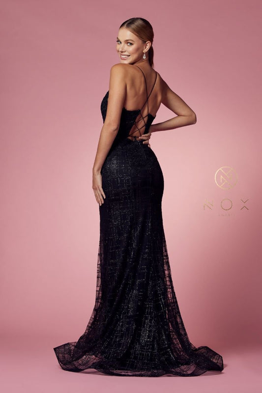 Stunning Nox Anabel R282 - 1 PROM Gown with Illusion Neckline and Lace - Up Open Back - Blaire Shops