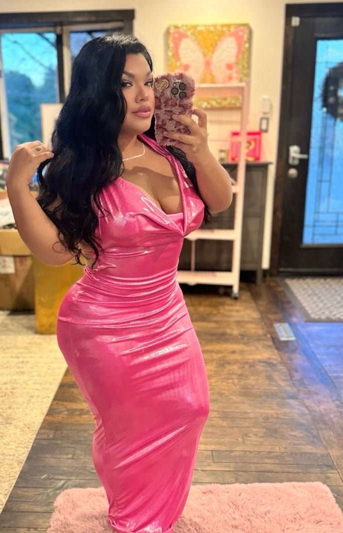 Stunning Pink Liquid Metallic Maxi Dress – Halter & Off - Shoulder Convertible Evening Gown - Blaire Shops