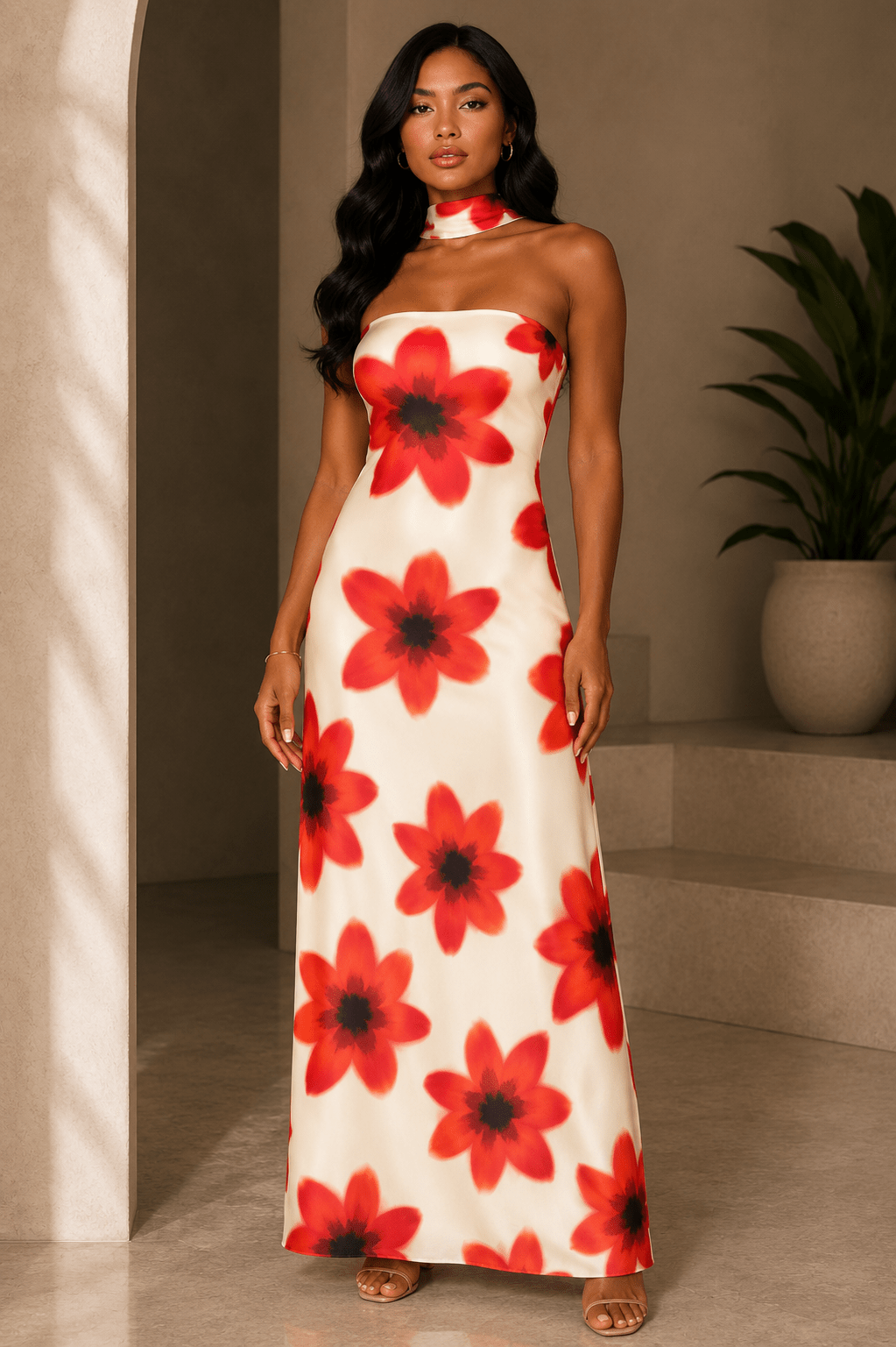 Sunset Bloom Neck Scarf Maxi Dress - Cream dress for women Vacation Outfits Birthday Dresses Going Out Looks