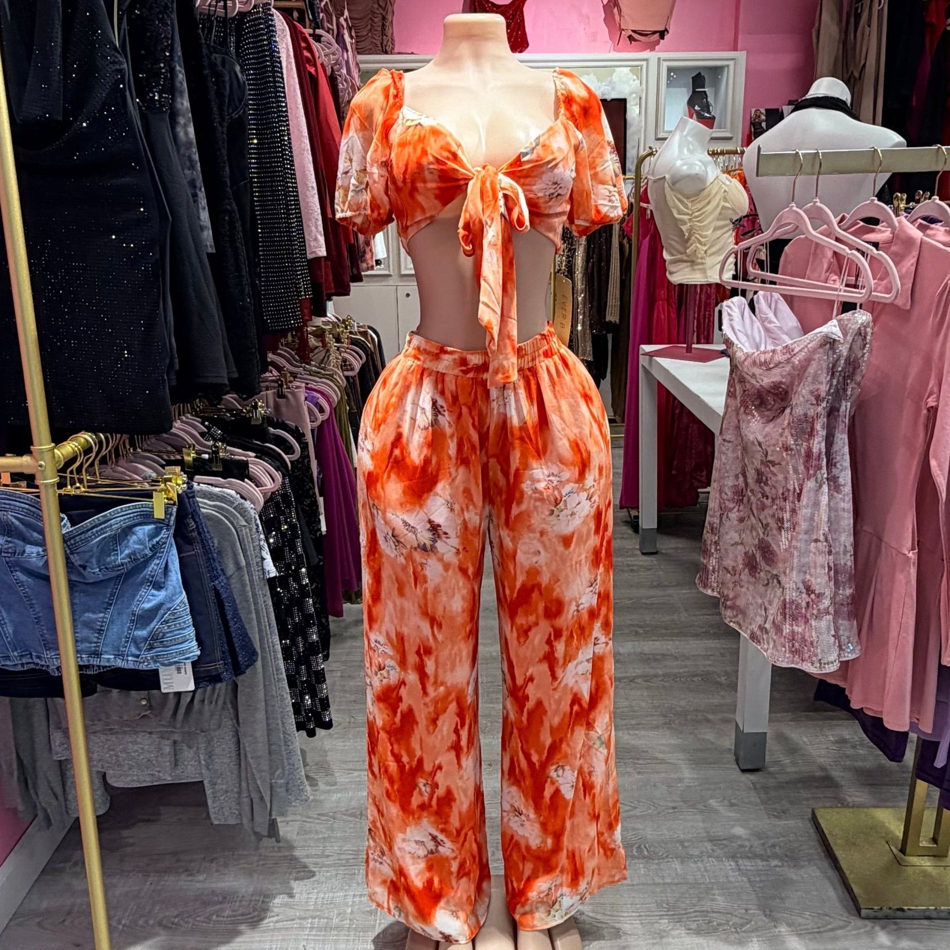 Sunset Bloom Tie - Front Crop Top Pant Set - Orange for women Vacation Outfits Birthday Dresses Going Out Looks
