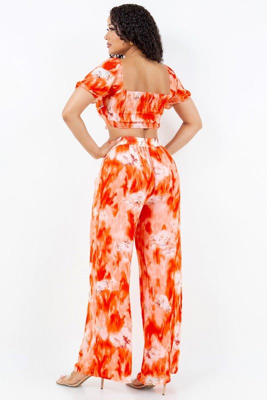 Sunset Bloom Tie - Front Crop Top Pant Set - Orange for women Vacation Outfits Birthday Dresses Going Out Looks