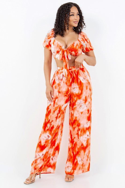 Sunset Bloom Tie - Front Crop Top Pant Set - Orange for women Vacation Outfits Birthday Dresses Going Out Looks