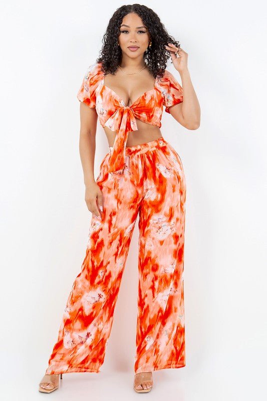 Sunset Bloom Tie - Front Crop Top Pant Set - Orange for women Vacation Outfits Birthday Dresses Going Out Looks