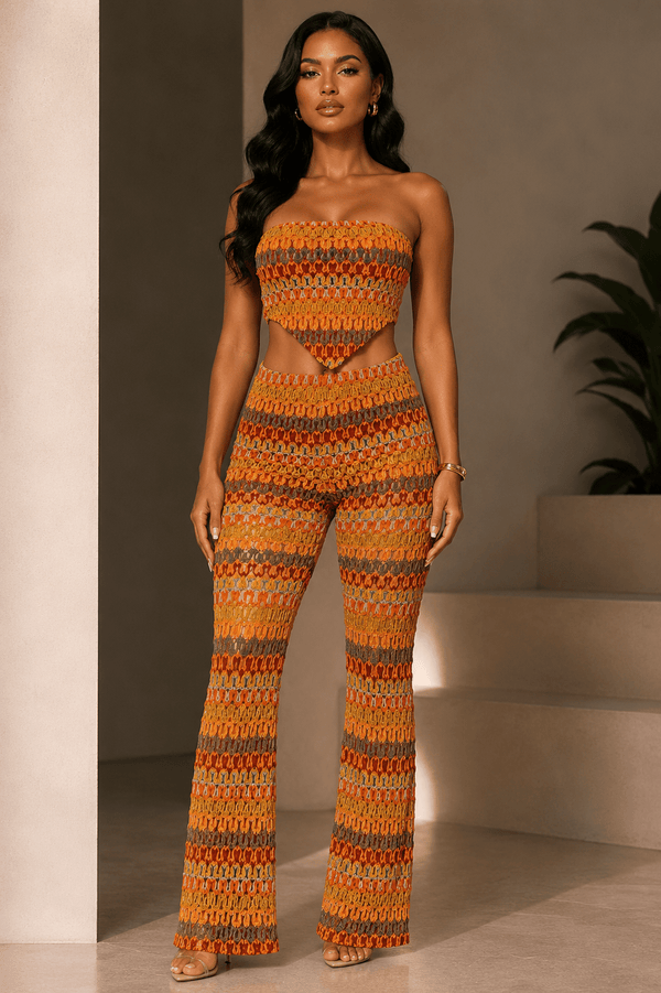 Sunset Crochet Bandeau & Flare Pants Set – Vacation Two Piece Outfit - Orange outfit for women Vacation Outfits Birthday Dresses Going Out Looks