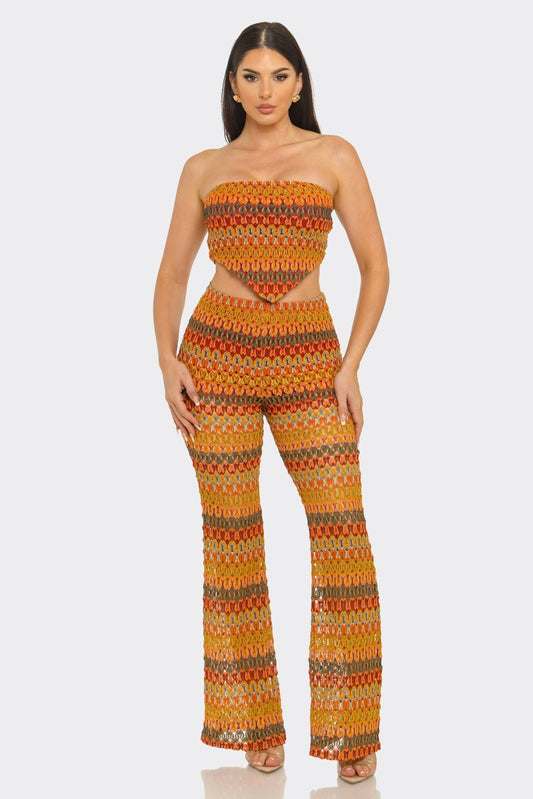 Sunset Crochet Bandeau & Flare Pants Set – Vacation Two Piece Outfit - Orange outfit for women Vacation Outfits Birthday Dresses Going Out Looks