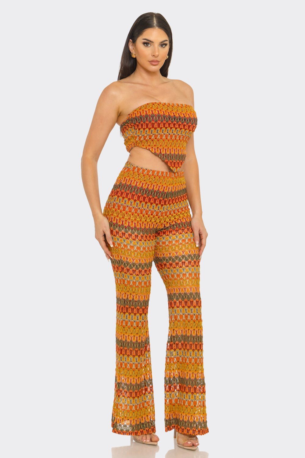 Sunset Crochet Bandeau & Flare Pants Set – Vacation Two Piece Outfit - Orange outfit for women Vacation Outfits Birthday Dresses Going Out Looks