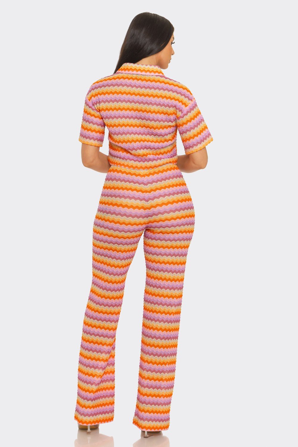 Sunset Riviera Crochet Stripe Button - Down Crop Shirt & Flare Pants Set - Blaire Shops