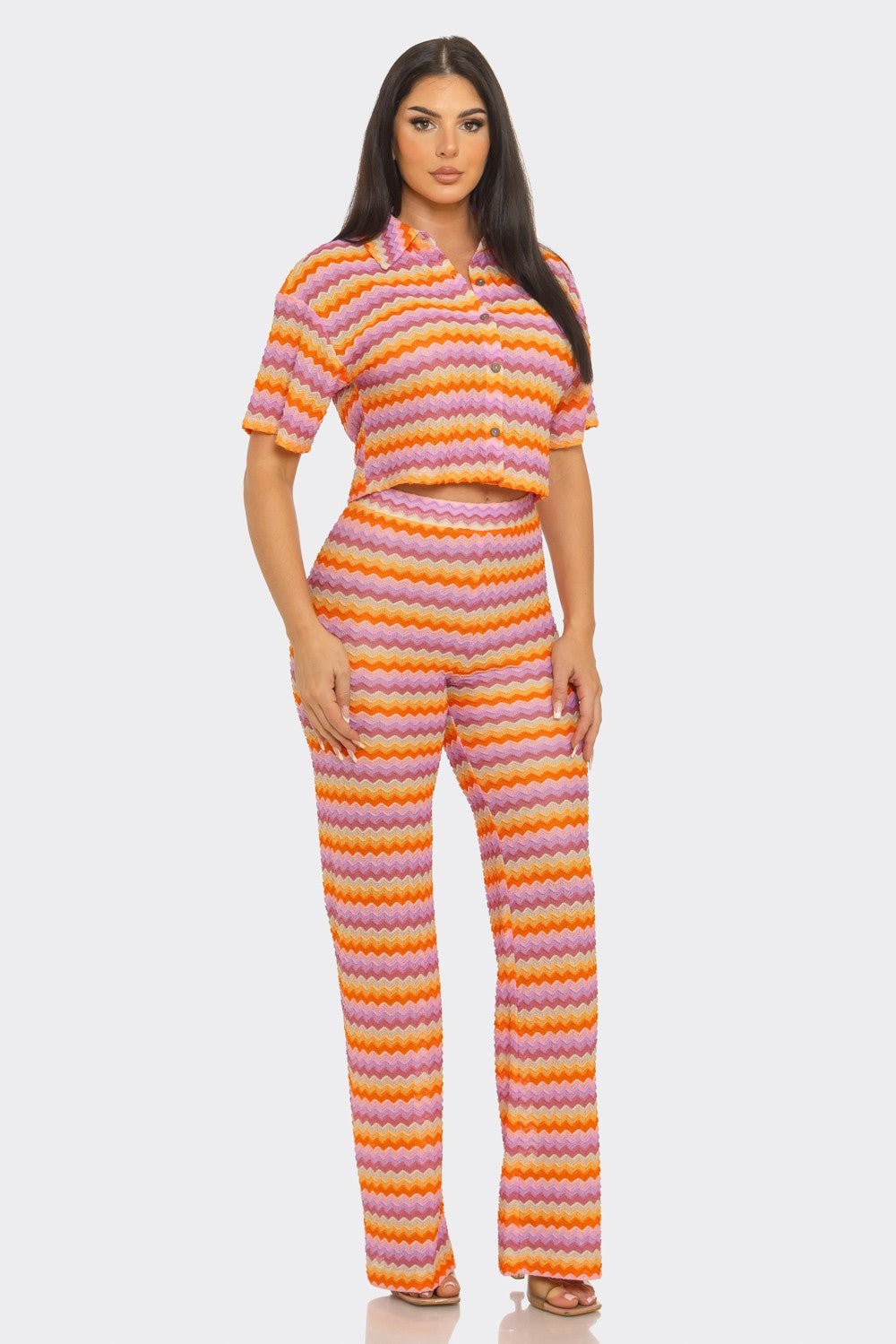 Sunset Riviera Crochet Stripe Button - Down Crop Shirt & Flare Pants Set - Blaire Shops