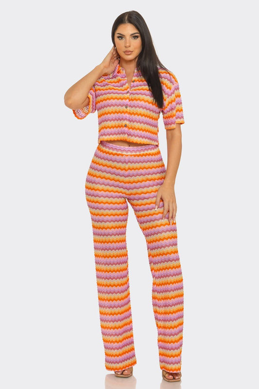 Sunset Riviera Crochet Stripe Button - Down Crop Shirt & Flare Pants Set - Blaire Shops