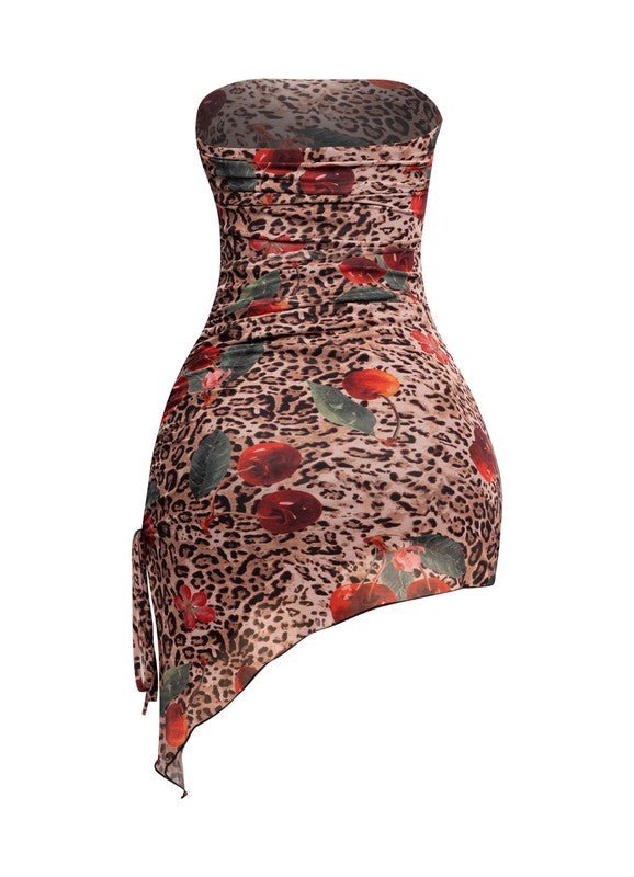 Sweet Cheery Lepoard print strapless asymmetrical dress - Blaire Shops