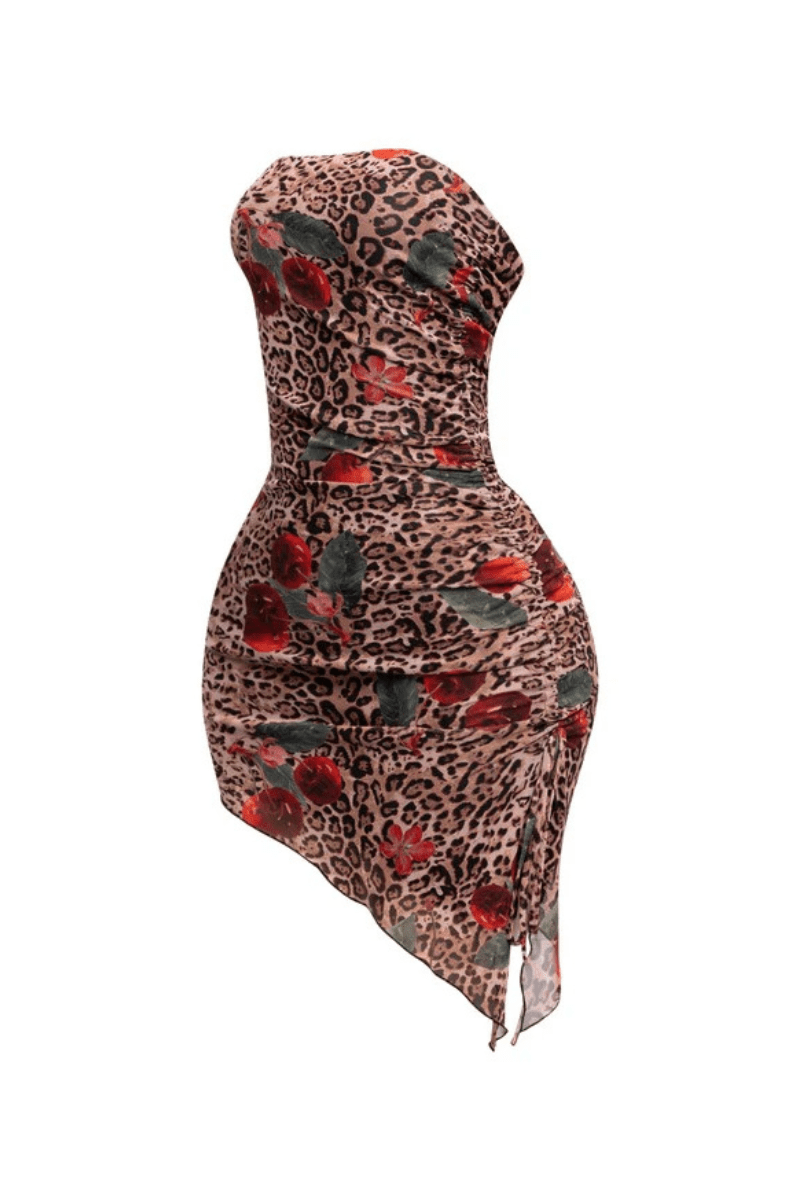 Sweet Cheery Lepoard print strapless asymmetrical dress - Blaire Shops