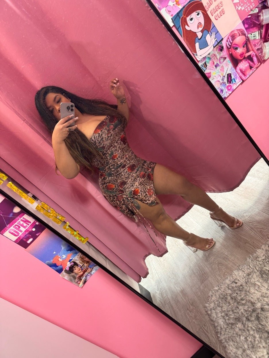 Sweet Cheery Lepoard print strapless asymmetrical dress - Blaire Shops