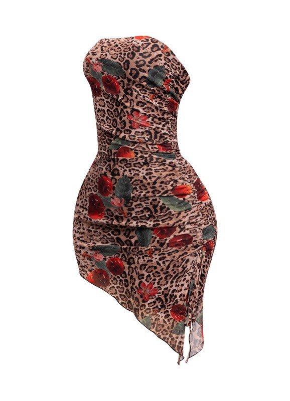 Sweet Cheery Lepoard print strapless asymmetrical dress - Blaire Shops