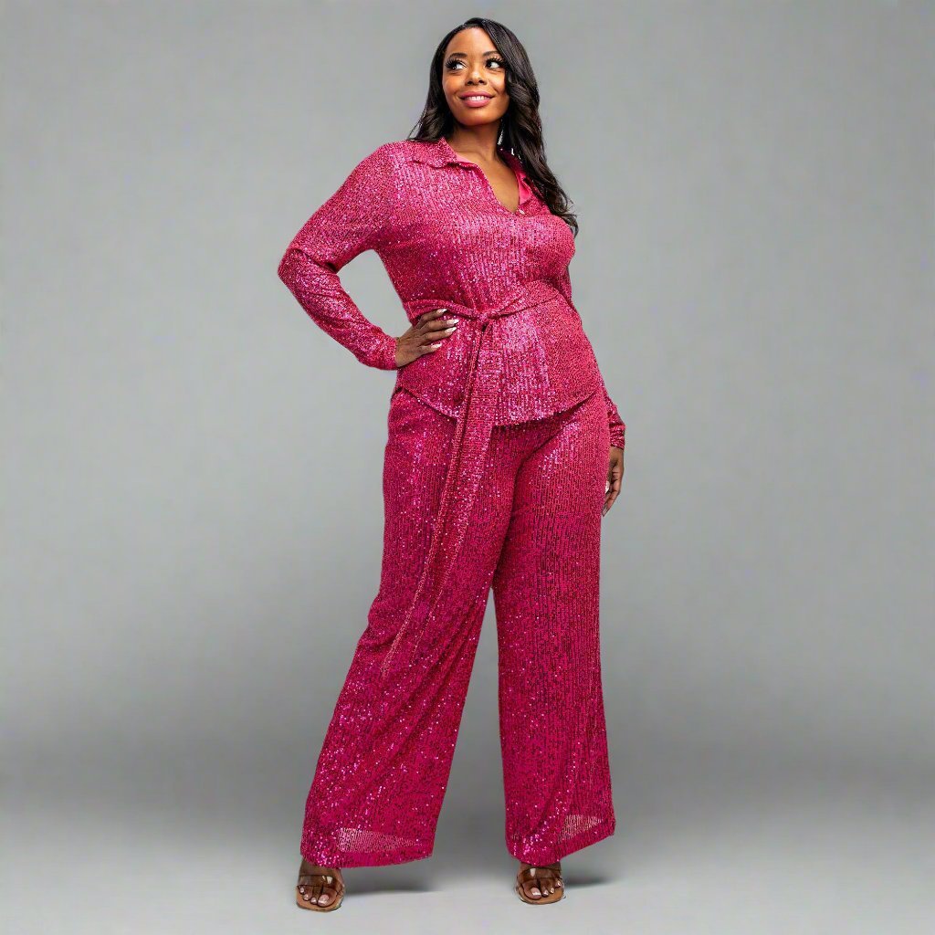 SYLVIA LUXURY PLUS SIZE SEQUIN SHIRT AND WIDE - LEG PANTS SET OUTFIT - Blaire Shops