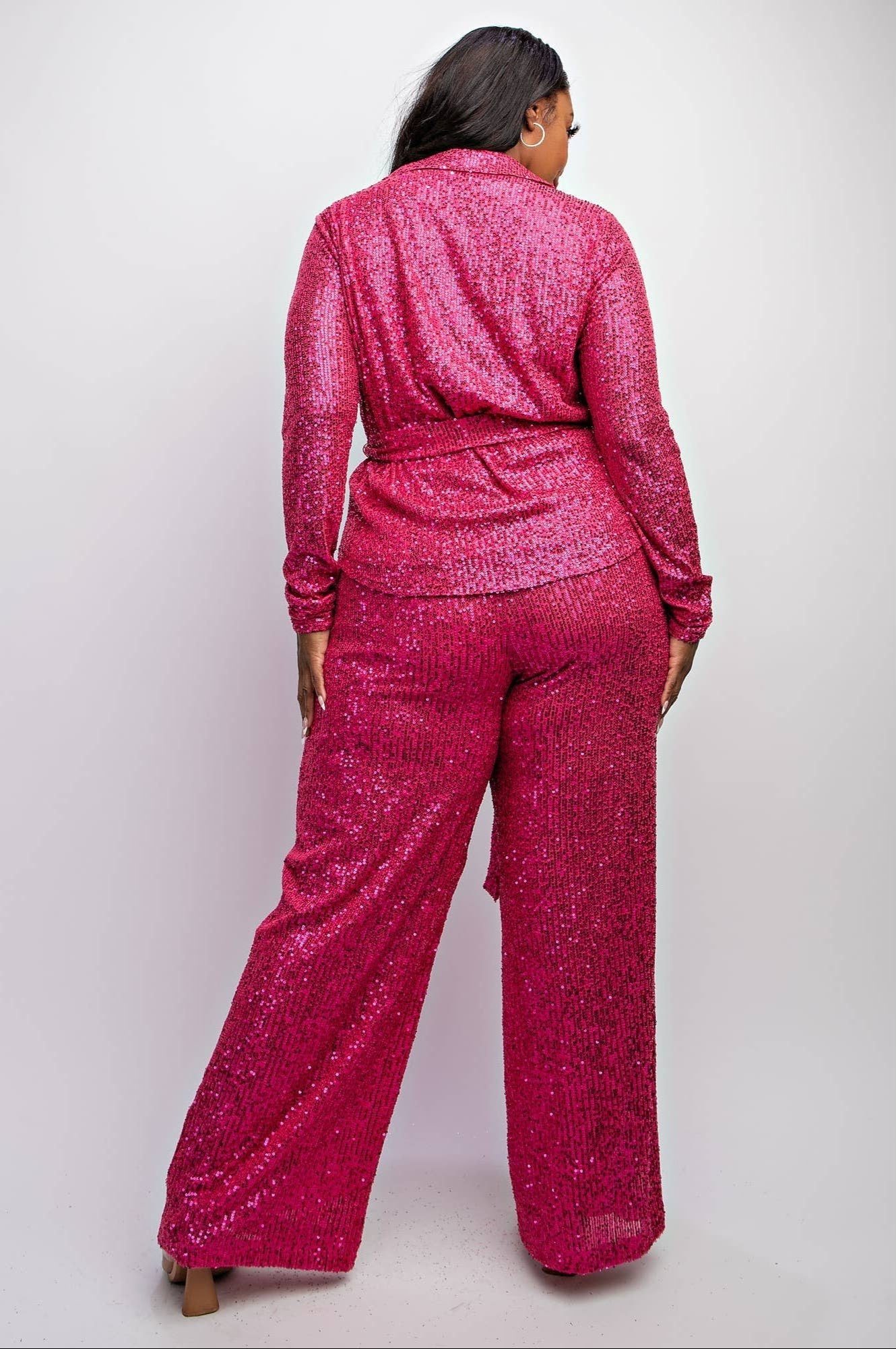 SYLVIA LUXURY PLUS SIZE SEQUIN SHIRT AND WIDE - LEG PANTS SET OUTFIT - Blaire Shops