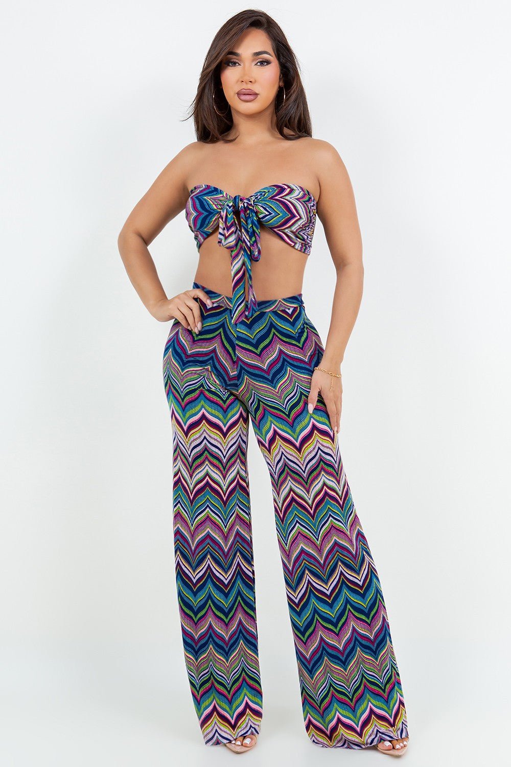 Tahiti Navy/Fuchsia Leaf Print Crop Top &amp; Palazzo Set - Blaire Shops