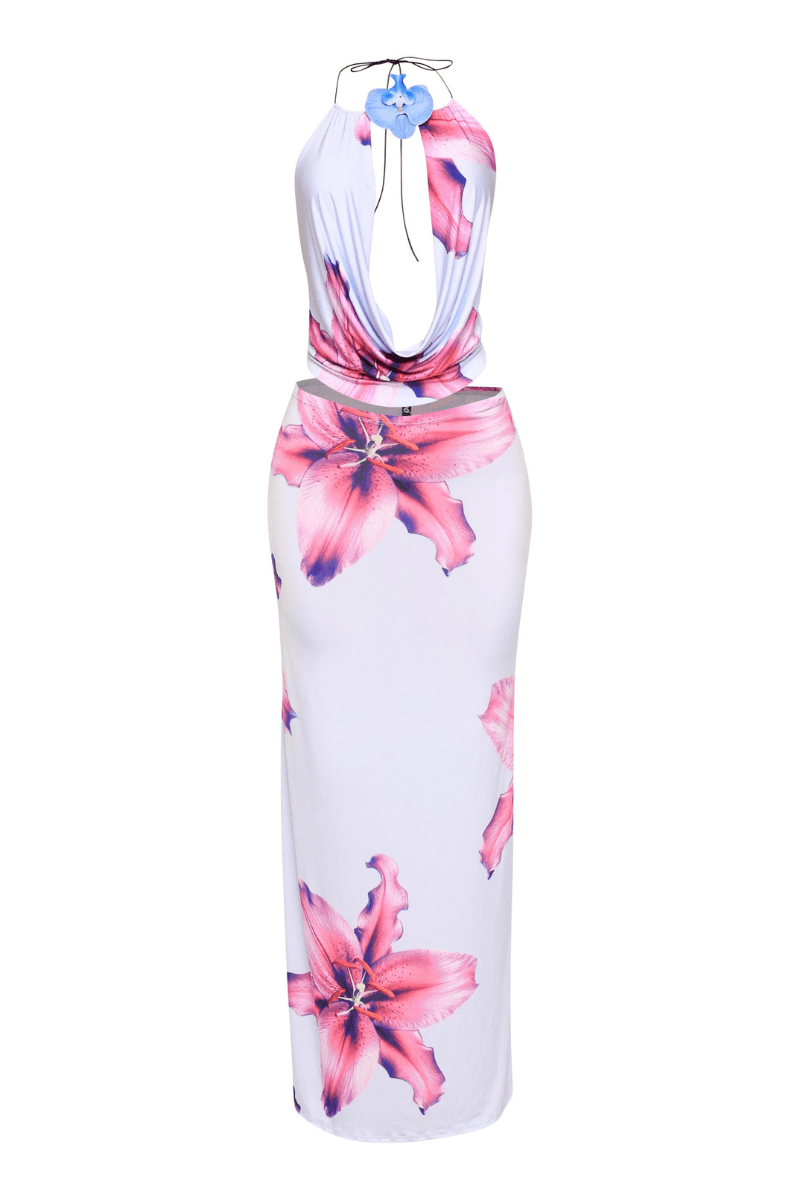 Tahiti Orchid Flower Detailed Halter Top And Skirt Set - Blaire Shops