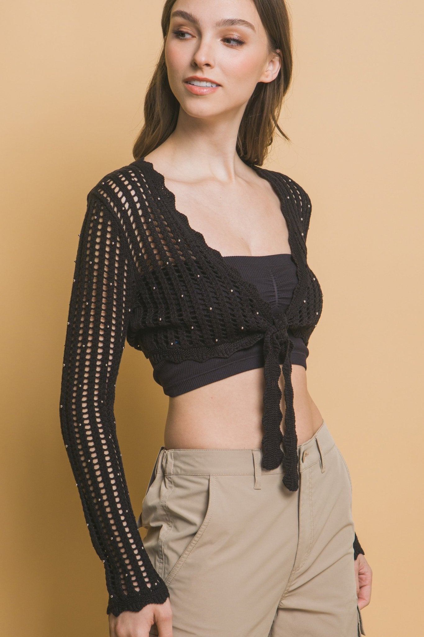 Tamara Trendy Long Sleeve Detailed Tie Up Cardigan - Blaire Shops