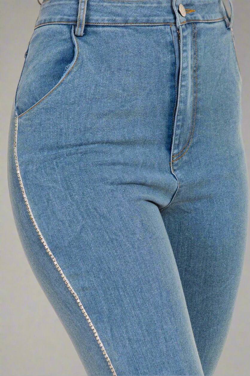 Tamera Rhinestone Trim Side Slit Stretch Denim Pants for Chic Comfort and All - Day Style - Blaire Shops
