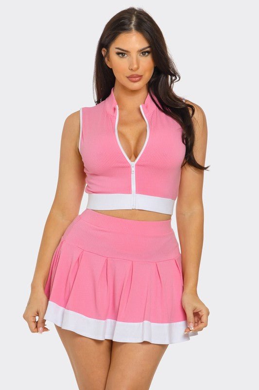 The Blush Court Crop Top And Pleated Mini Skirt Set - Pink outfit for women Vacation Outfits Birthday Dresses Going Out Looks