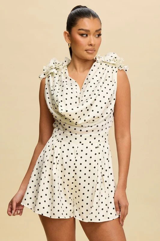 Monaco Polka Dot Draped Romper – Elegant Brunch, Vacation & Summer Outfit for Women - Ivory romper for women Vacation Outfits Birthday Dresses Going Out Looks