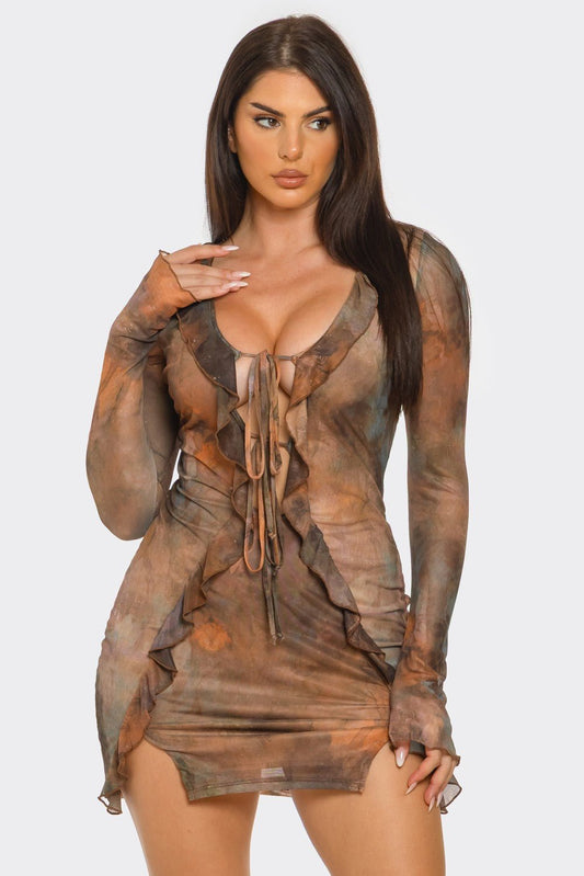 Tie - Dye Power Mesh Mini Dress – Ruffle Trim, Front Slit & Spaghetti Tie Detail - Blaire Shops
